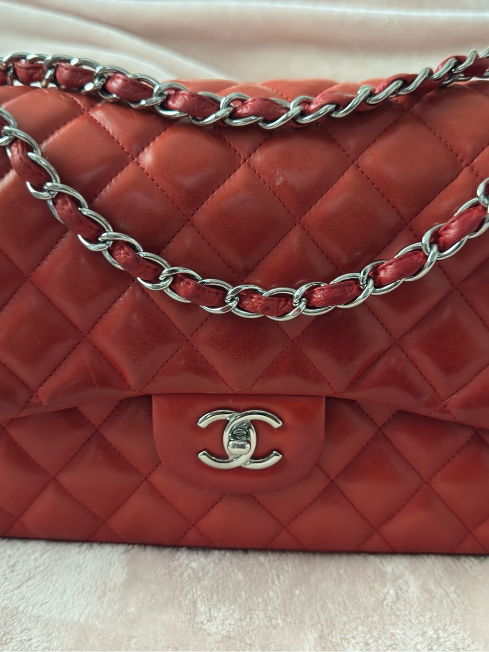 CHANEL Quilted Double Flap Shoulder Bag in Coral Red with Silver Hardware